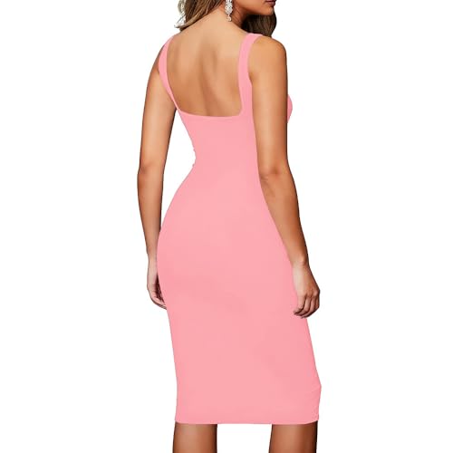 Image of TOPSRANI Women Sexy Midi Dress Bodycon Casual Sleeveless Basic Ruched Tank Summer Club Party Dresses