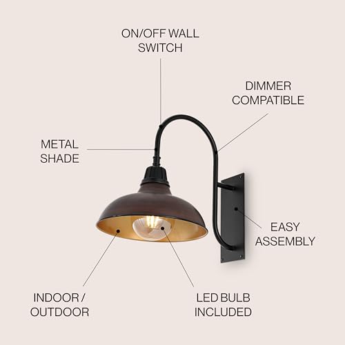 Image of JONATHAN Y 12.25 inch Wood Finish /Copper Farmhouse Gooseneck Outdoor Wall Sconce Lamp, with Black 1-Light Metal Bowl Shade, Industrial Iron LED Porch Light for Patio Garage Entryway (JYL7614G)