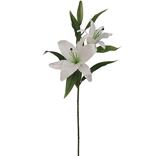 Larksilk Set of 2 Artificial Silk Flower Casablanca Lily - White, 34" Stem with 2 Blooms and 1 Bud - Ideal for Home Decor, Weddings, and Special Occasions - Lifelike Elegance