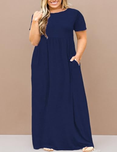 Image of Kancystore Women's Plus Size Maxi Dress with Pockets Summer Dresses XL-5X | Plus Size High Waisted Long Length Beach Dress, Empire Waist Round Neck Casual Dress, Solid Striped Floral Tie Dye Colors