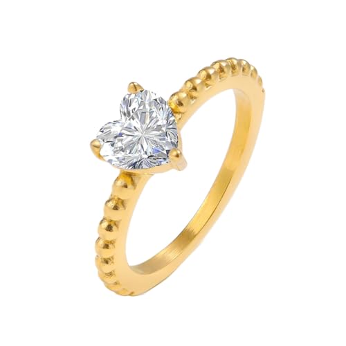 PAMTIER Women Stainless Steel Heart Shaped Engagement Rings Heart Cut Diamond Solitaire Wedding Anniversary Propose Ring