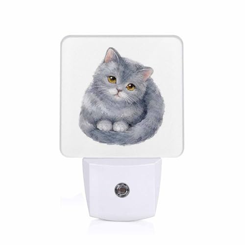 Image of LED Night Light,Creative Artistic Grey Cat LED Night Light Plug into Wall with Dusk to Dawn Light Sensor White Energy Efficient Nightlight for Bedroom Bathroom Hallway Living Room Kitchen