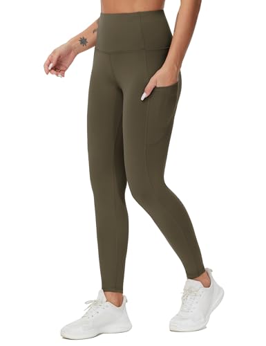 Image of THE GYM PEOPLE Thick High Waist Yoga Pants with Pockets, Tummy Control Workout Running Yoga Leggings for Women