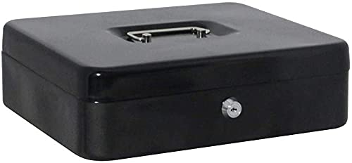 Crevizon New Cash Box with Key and Coin Trey with Staindless Steel Hendel Perfact for Money Security (12 Inch- Size :30 X 22 X 9 Color Black)