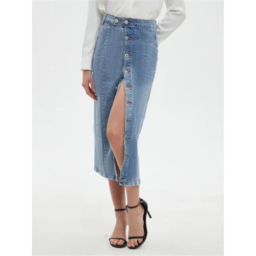 Women's High Waist Light Blue Denim Midi Skirt American Retro Style Button Front Jean Skirt for Everyday Outfits4