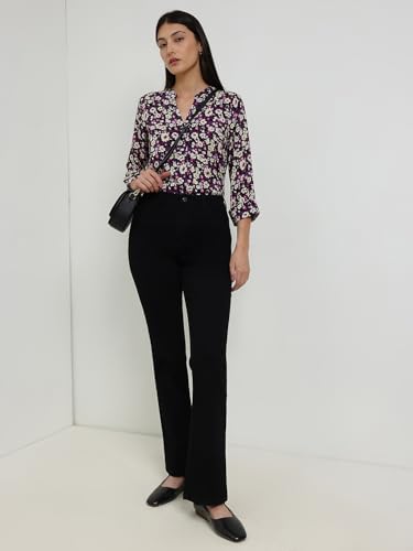 Image of FableStreet Women Shirt Work & Casual | Relaxed Fit Mandarin V-Neck Three-Quarter Sleeves Solid Pattern | Breathable Woven Fabric for Office & Everyday Wear