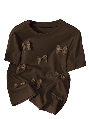 Image of RoseSeek Women's Bow Print Short Sleeve Round Neck Oversized Tops Basic Loose Fit Drop Shoulder Tees for Summer