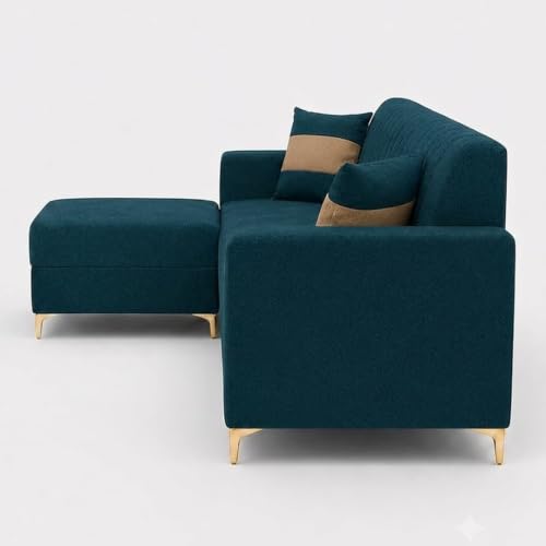 Image of FURNY Signature Regalia 4-Seater L-Shape Sofa Set with Movable Ottoman | Flexible LHS /RHS Layout | Boston Fabric | 40D Foam + Zigzag Spring | 3-Yr Warranty (Peacock Teal & Warm Beige)