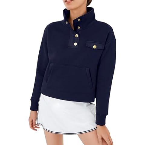 Kissonic Womens Cropped Sweatshirts Casual Long Sleeve Lightweight Sweater Snap Neck Pullover Button Tops with Pockets(Navy-M) Cover