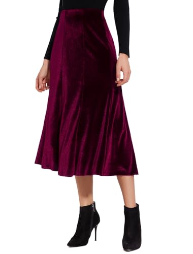 ZXIHZF Women’s Elegant Vintage Velvet Midi Skirt Flowy 8-Panel Design (US, Alpha, XX-Large, Regular, Regular, Burgundy)