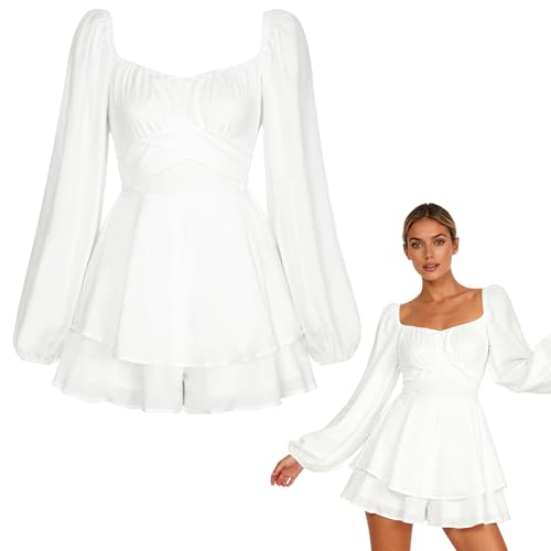 Jumpsuit Damen Kurz Sexy, Piraten Damen Kostüm Karneval, Weiß Piratenkleid Langarm Strampler, Sommer Freizeitkleidung mit integrierten Shorts,...
