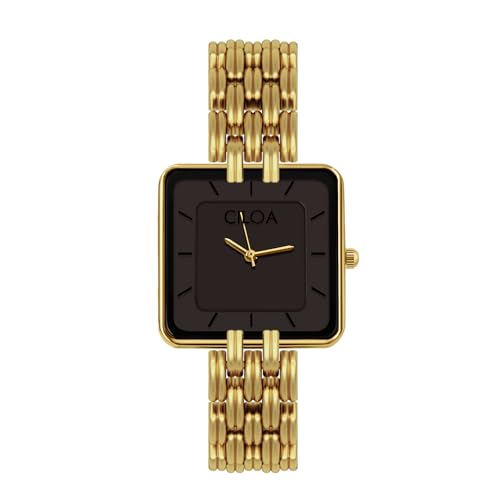 Women's Leather Strap Watch Dainty Elegant Gold Watches for Women Classic Casual Fashion Square Ladies Watch Gifts Present for Her, Black/Gold-Steel strap, Classic