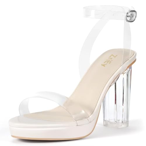 Image of ZriEy Clear Platform Heels For Women Ankle Strappy Chunky Block Sandals | 4 Inch,Comfy,Lightweight,Arch Support,Cushioned insole, Anti-slip Rubber Sole,Sturdy,Stylish,Casual /Formal Occasion