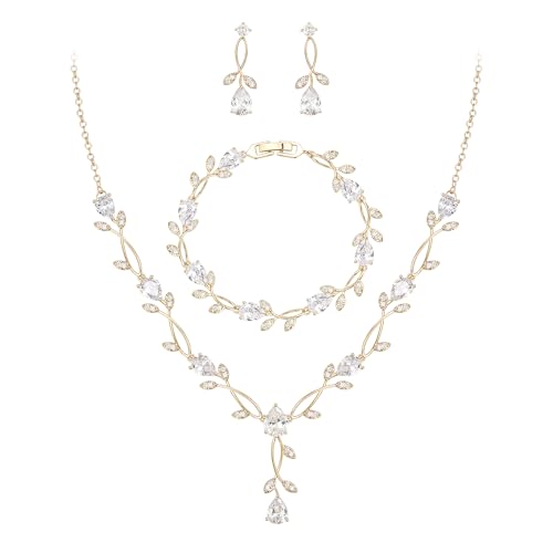 Image of EVER FAITH Cubic Zirconia Pearl Leaf Bridal Jewelry Set for Bride Women