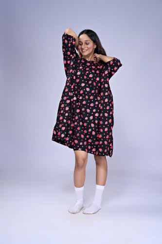 Image of LAMA STORE Women's Printed Oversized T-Shirt Dress, Cotton, 3 /4 Sleeve Length, Casual Loose Fit, Comfort Wear Extra Comfy Oversized Printed Pocket T-Shirt Dress