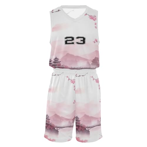 FLildon Blossom Sakura Flowers Boys Basketball Jersey Set Tank Top Shorts Tracksuit Sport Training Suit for Kids, XL