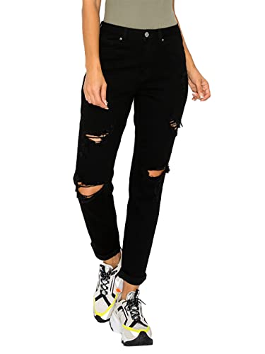 WAX JEAN Women's Boyfriend Jeans with Destructed Blown Knee and Rolled Cuff, Black, 11 by WAX JEAN - Used condition - US$25.21