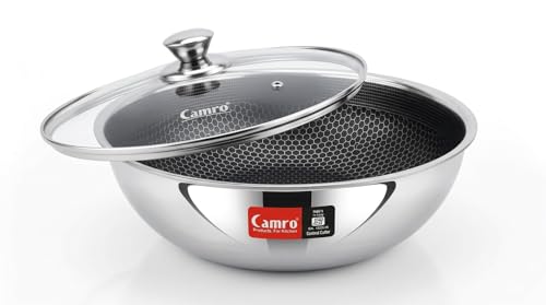 Image of Camro Stainless Steel Tasla 1.8 Litre 22 Cm | Triply Honeycomb Extra Deep Tasla with Lid | 3-Layer Body | Tri ply Kadai Cookwear Taslas for Cooking | Induction & Gas Stove