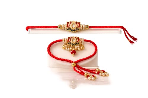 Image of Premium Lotus Couple Rakhi Set for Brother & Bhabhi, Pack of 2 | Handmade Designer, Pearl & Bead Work, Traditional Raksha Bandhan Gift, Red Thread