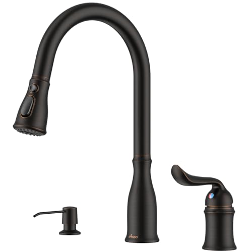 APPASO APS218ORB - Grifo de cocina extraíble de 3 agujeros con pulverizador de bronce aceitado, 3 piezas extraíbles para fregadero de cocina con mango lateral único con dispensador de jabón, bronce