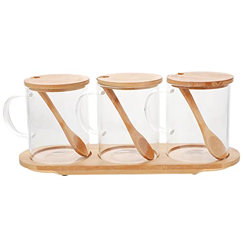 HEMOTON 3Pcs Açucareiro De Vidro Com Tampa E Colher de Servir de Açúcar Condimento Jar Spice Recipie