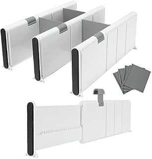 LOLYSIC 4Pcs Expandable Drawer Dividers, Plastic Adjustable Drawer Dividers Organiser, 4" High Expandable Drawer Dividers Separators with Anti-Scratch Foam for Home Kitchen Drawer (White, 28-44.5cm)