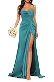 Prinzessin Brautjungfernkleider Spaghettiträger Ballkleider Satin formelle Abendparty Maxikleid mit Schlitz ZM245, aqua blue, 48