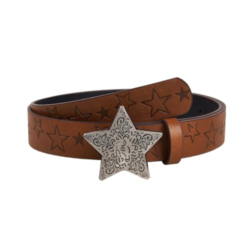 Western Cowboy Faux Leather Belts Star Pattern Buckle Waist Belt Vintage Engraved Embossed Waistband For Women Jeans