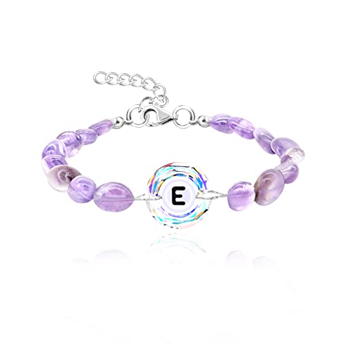 Image of Uloveido Purple Natural Stone and Austrian Crystal Letter Bracelet, Personalized Initial Jewelry for Women A-Z 26 Letters