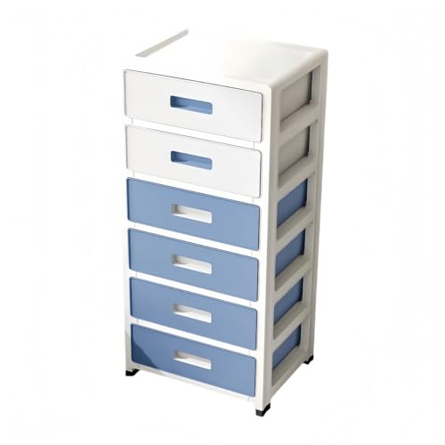 KUBERAS 収納ケース プラスチック 引出し付き キャスター付き 大容量 省スペース 隙間収納 オフィス 書類整理 寝室 衣類小物 簡単組み立て (ホワイトブルー,6段 35*26*83.5cm)