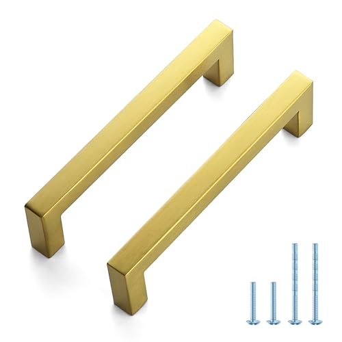 JOY DECOR 10 Pack Cabinet Handles, Gold Cabinet Pulls, 5 Inch Kitchen Handles Square Drawer Pulls Stainless Steel Drawer Hardware, 128mm Hole Center by JOY DECOR - Used condition - US$14.49
