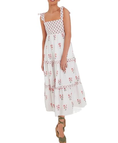 Women Summer Boho Tie Shoulder Dress Y2k Floral Smocked Flowy Lon...