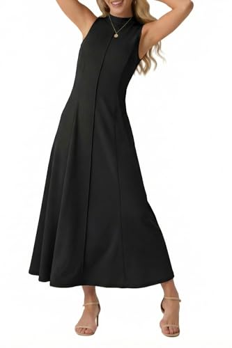 GRECERELLE Women Summer Sleeveless Mock Neck Flared Casual Long Maxi Vacation Dress with Pockets (Black X-Large)