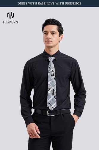 Image of HISDERN Mens Dress Shirt with Tie Pocket Square Set Classic Button Down Shirt Matching Tie Long Sleeve Shirts