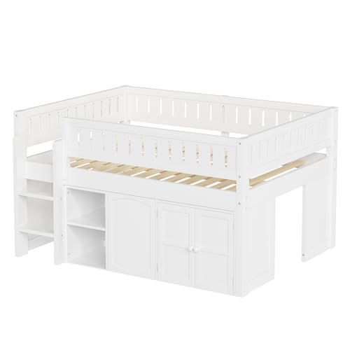 Image of Full Size Loft Bed with Storage Cabinet and Chalkboard Panel, Solid Wood Frame - Space-Saving Design for Kids /Teens Bedroom (White-A1)