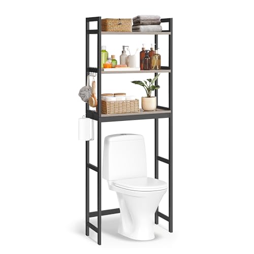 SONGMICS Over-The-Toilet Storage, 3-Tier Bathroom Organizer Over Toilet with Adjustable Shelves, Hooks, Bamboo, Freestanding Space Saver Bathroom Shelves, Heather Greige and Ink Black UBTS012W01 by SONGMICS - Used condition - US$40.77