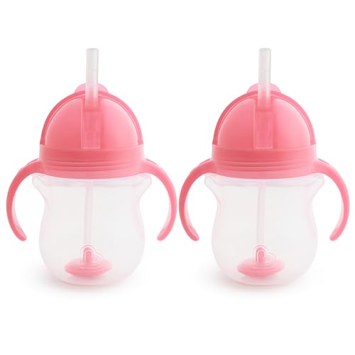 Image of Munchkin Sippy Cup, 7 Ounce, 2 Pack | Weighted Straw | For 6+ Months | Pink | Transition Handles