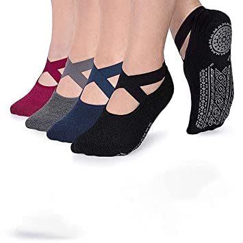 ATETO Yoga Socks for Women, Non-Slip Slipper Socks with Grippers & Straps for Pilates, Pure Barre, Ballet, Dance, & Barefoot Workout, Non-Skid Cover Toes Grip Socks ||1 Pair || Multi||