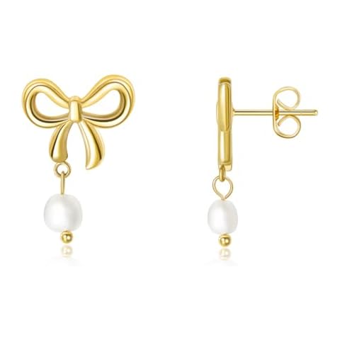 CANDYFANCY Gold Bow Earrings for Women Pearl Bowknot Stud Ribbon Drop Dangle Earrings Long Tassle Dangling Earrings Trendy Jewelry Christmas Birthday Gifts Cover