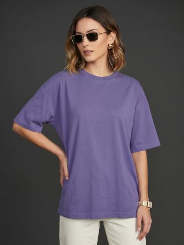 Image of JUNEBERRY Pure Cotton Oversized Baggy Fit Half Sleeve Drop Shoulder Plain Solid Round Neck T-Shirt for Women (Available in Black, White, Lilac, Cork, Maroon, Royal Blue, Swan White, Soap Nut Colors)