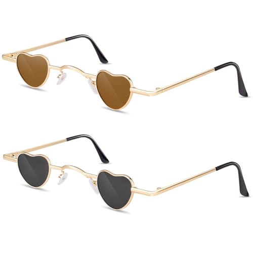 Kiiwah 2 Pares Gafas de Sol de Mini Corazon, Unisex Gafas Hippie Retro Gafas en Forma de Corazón Vintage para Mujere Hombre Fiesta Fotos Accesorios (Negro, Marrón)