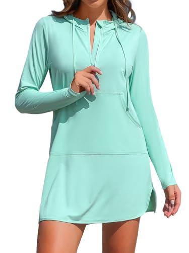 ATTRACO Rash Guard for Women Long Sleeve Swim Shirt with Pockets Green S