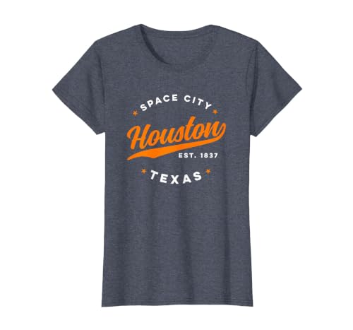 Vintage Houston Texas Space City Orange Text T-Shirt, Women, Heather Blue, X-Small