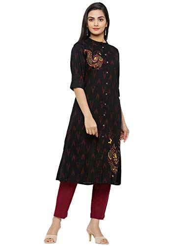 Image of Juniper Black Rayon Slub Printed A-Line Kurta
