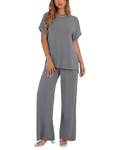 dowerme Women Summer Clothes 2025 Casual 2 Piece Outfits Ribbed Knit Lounge Set Pullover Top Pleated Wide Leg Pant Sets