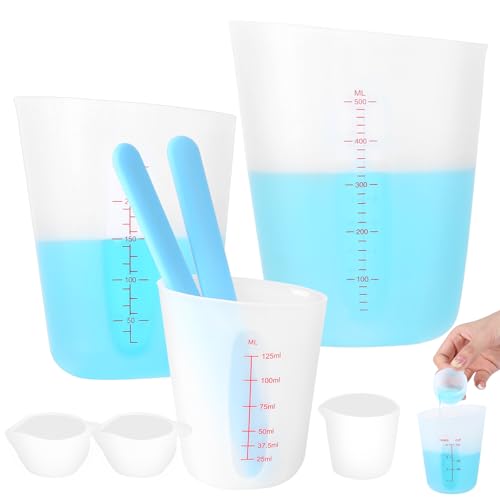 8 Stück Silikon Messbecher, 125ml 250ml 500ml Silikonbecher zum Gießen, Messbecher Epoxidharz mit 2 Rührstab 2 Einstellbecher und 30ml Tasse, Silikonbecher Set für DIY Basteln, Küche, Gießformen