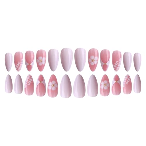 Image of White Press on Nails Medium Almond False Nail with Flower Fake Nails Nude Stick on Nail Glossy Full Cover for Women Manicure 24Pcs