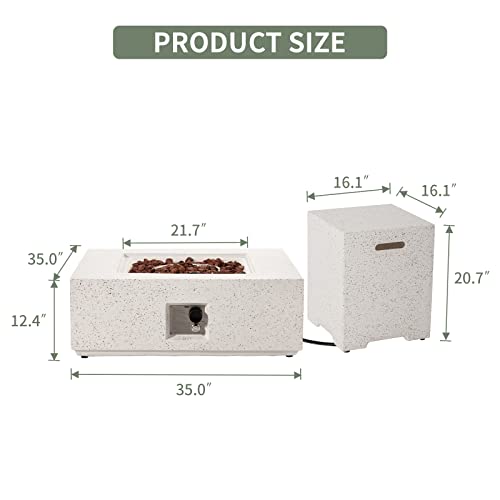 COSIEST 2-Piece Outdoor Propane Fire Pit Table Set w Tank, Beige Faux Stone 35 inch Square Fire Table w Certified, 50,000 BTU Stainless Steel Burner, w 20lb Hideway Tank Cover for Garden, Porch