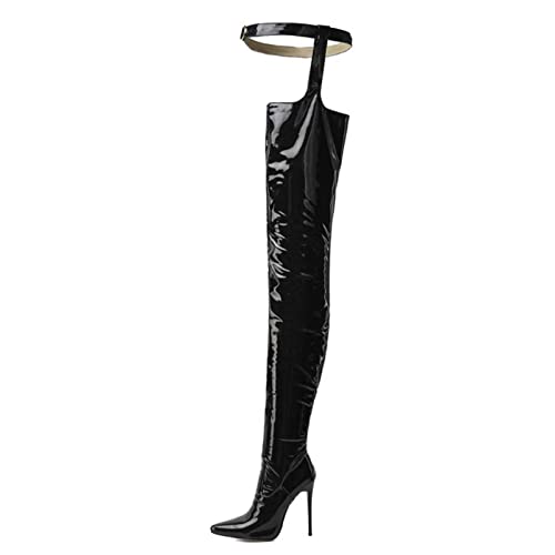 HBOY Overknee-Stiefel Für Damen, Mode Stiletto Lange Oberschenkelhohe Stiefel Einteilige Stiefel Mit Gürtel 34-45 Large Sexy Lackleder Knight Boots Knielange Stiefel,Schwarz,41 Cover