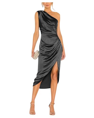 Image of Satin Bridesmaid Dresses for Women One Shoulder Prom Dress Pleated Midi Formal Cocktail Gown Wedding Guest Dress with Slit